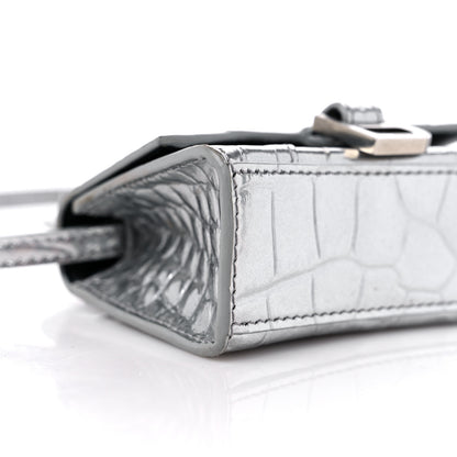 Balenciaga Metallic Calfskin Crocodile Embossed Hourglass Top Handle Bag Mini Silver 8 of 9