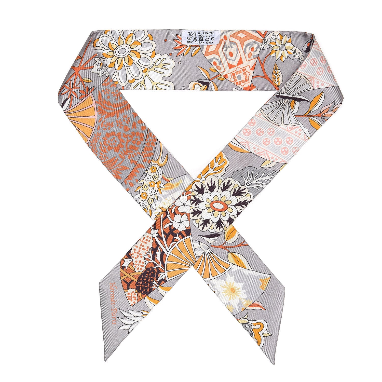 Hermes Silk Fleurs et Papillons de Tissus Twilly Gris Perle Brun Or 1 of 4