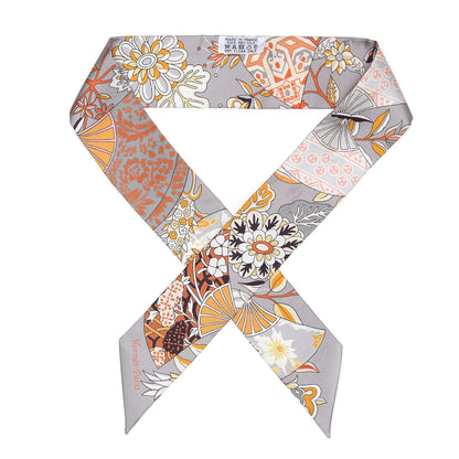 Hermes Silk Fleurs et Papillons de Tissus Twilly Gris Perle Brun Or 1 of 4