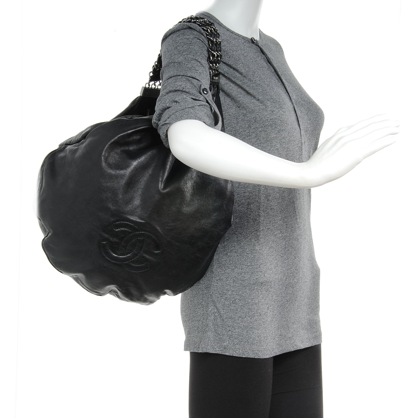 Lambskin Large Rock and Chain Hobo Black