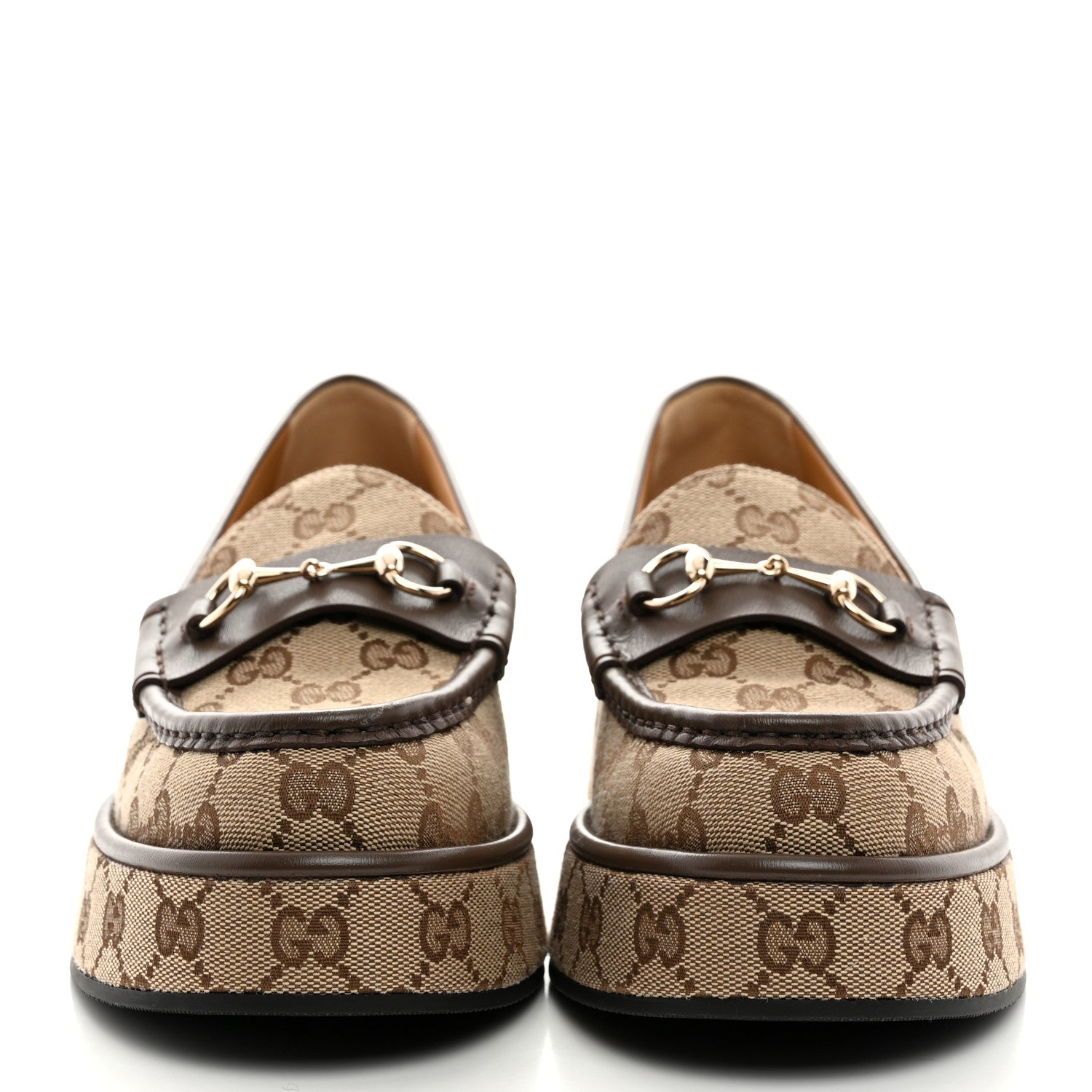 Gucci Monogram Horsebit Calfskin Womens Horsebit Wedge Platform Loafers 40 Beige Ebony 2 of 8