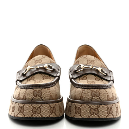 Gucci Monogram Horsebit Calfskin Womens Horsebit Wedge Platform Loafers 40 Beige Ebony 2 of 8