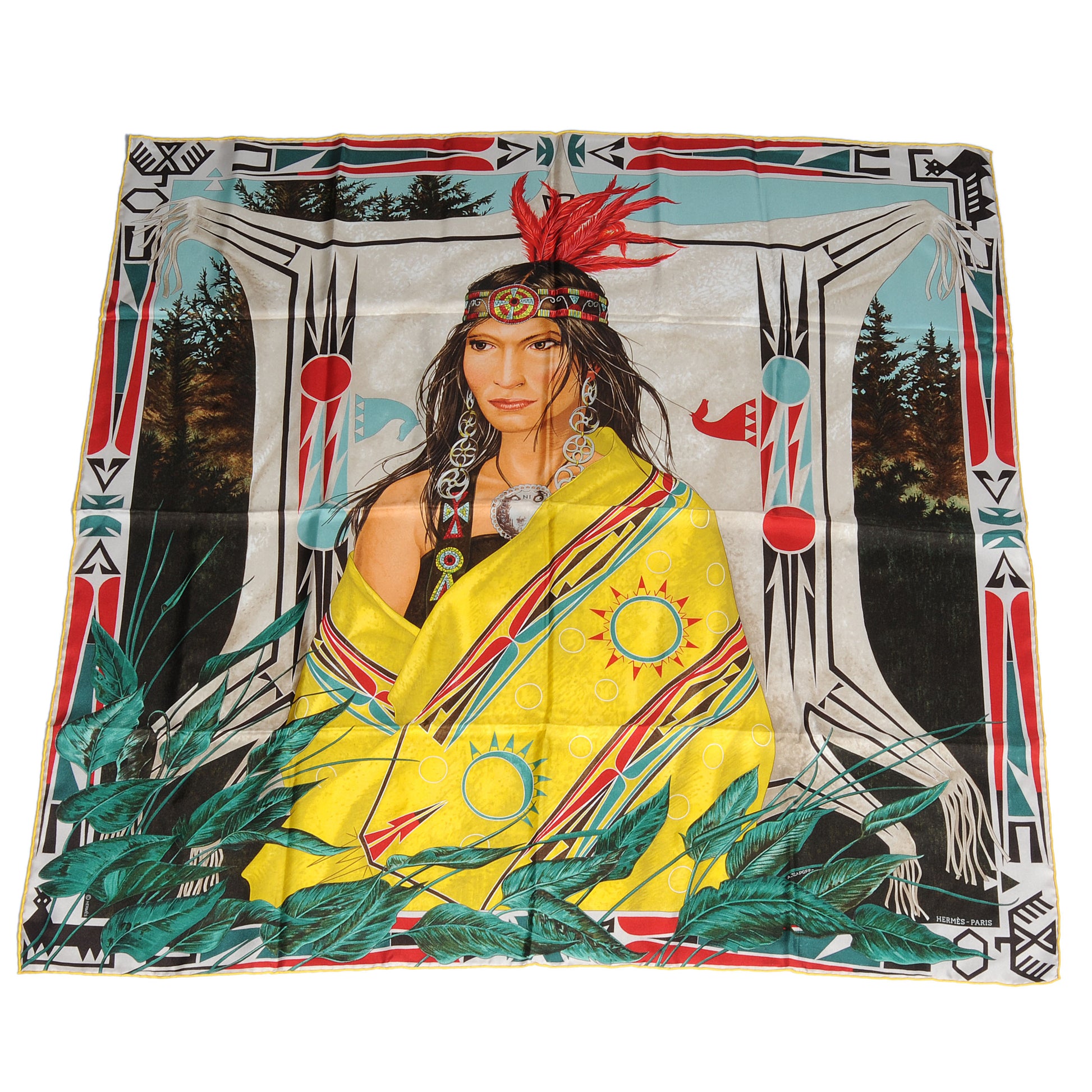 Hermes Silk Wako Ni Scarf 90 Jaune Vert Rouge 2 of 5