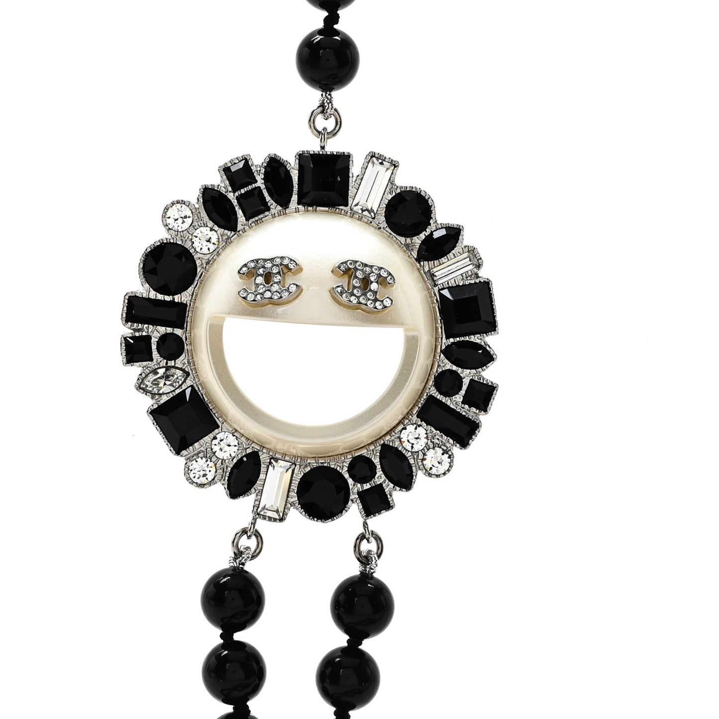 Bead Crystal Baguette Multi Strand CC Smiley Emoji Necklace Silver Black