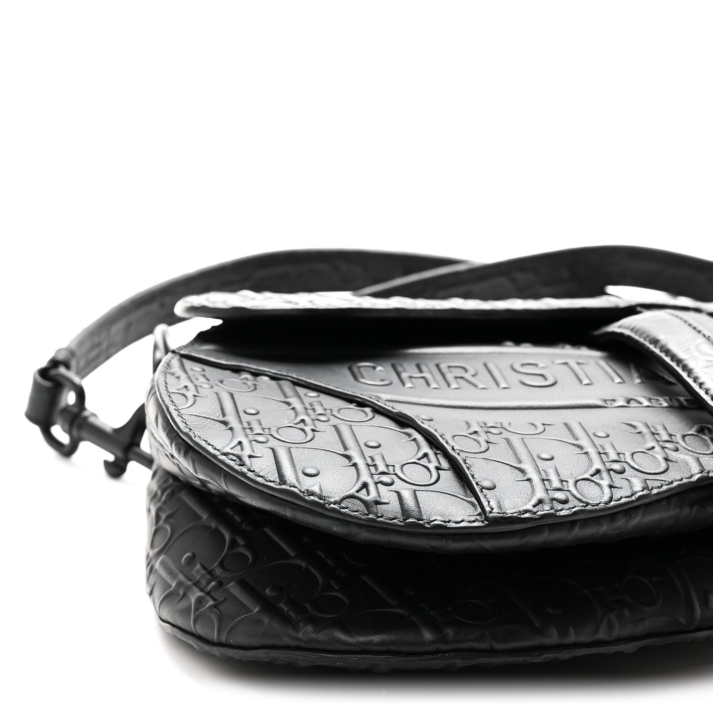 Calfskin Embossed Oblique Saddle Bag With Strap Black