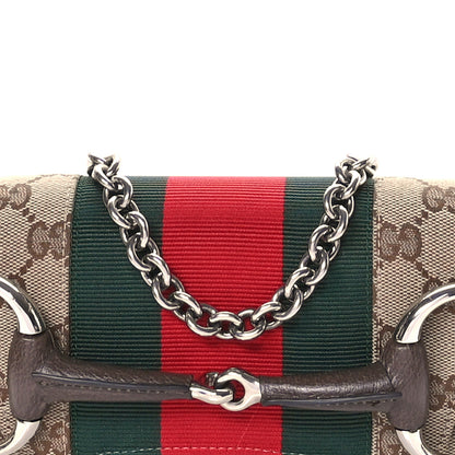 Gucci Monogram Textured Dollar Calfskin Heavy Grosgrain Web Small Maxi Horsebit Chain Shoulder Bag Beige Ebony New Acero 8 of 10