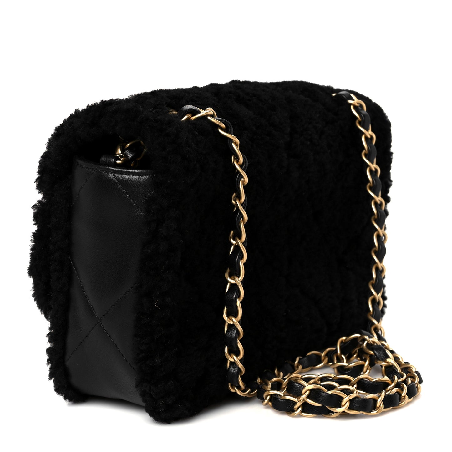 Shearling Lambskin Quilted Furry Coco Flap Black