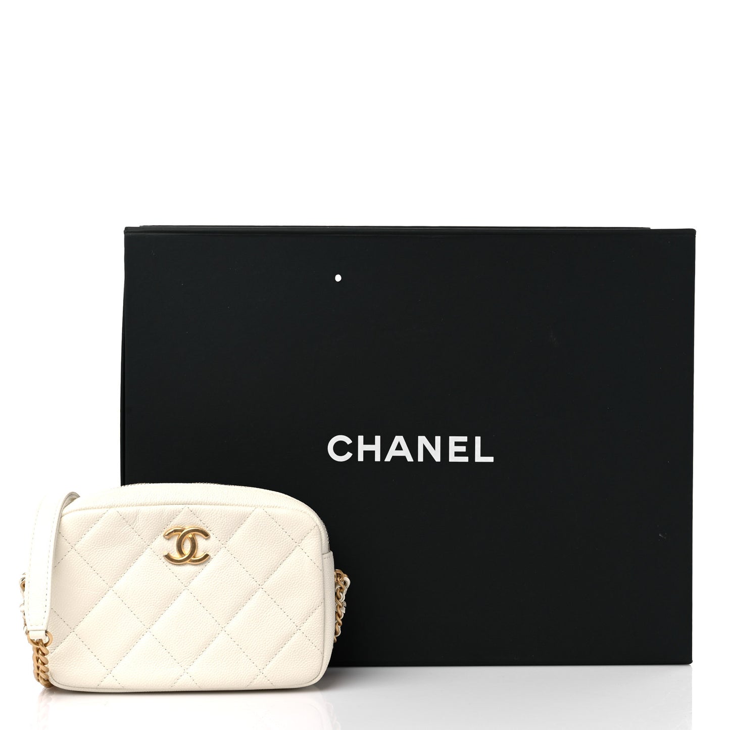 Shiny Caviar Quilted Chain Melody Camera Bag White
