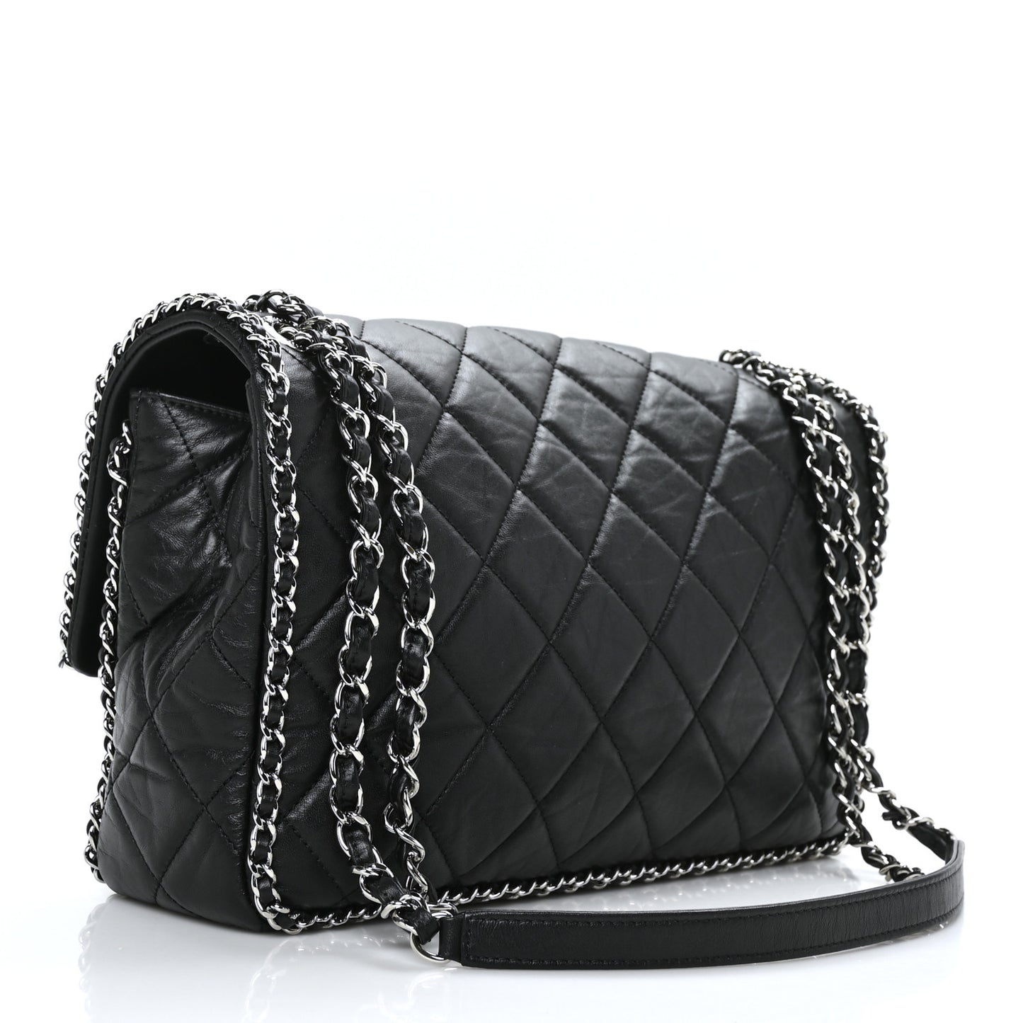 Crumpled Calfskin Quilted Large Chain All Over Flap Bag Black