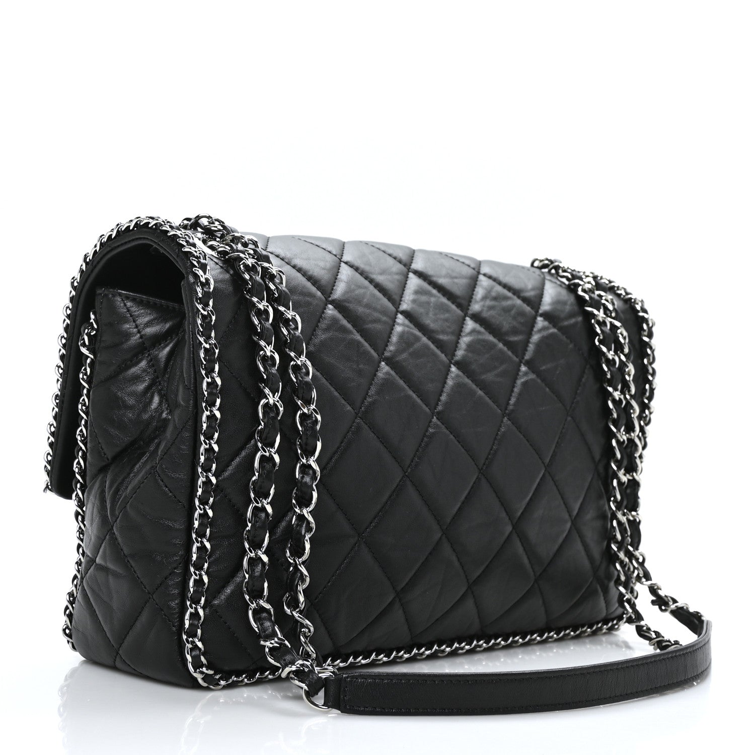 Chanel Crumpled Calfskin Quilted Large Chain All Over Flap Bag Black 3 of 9