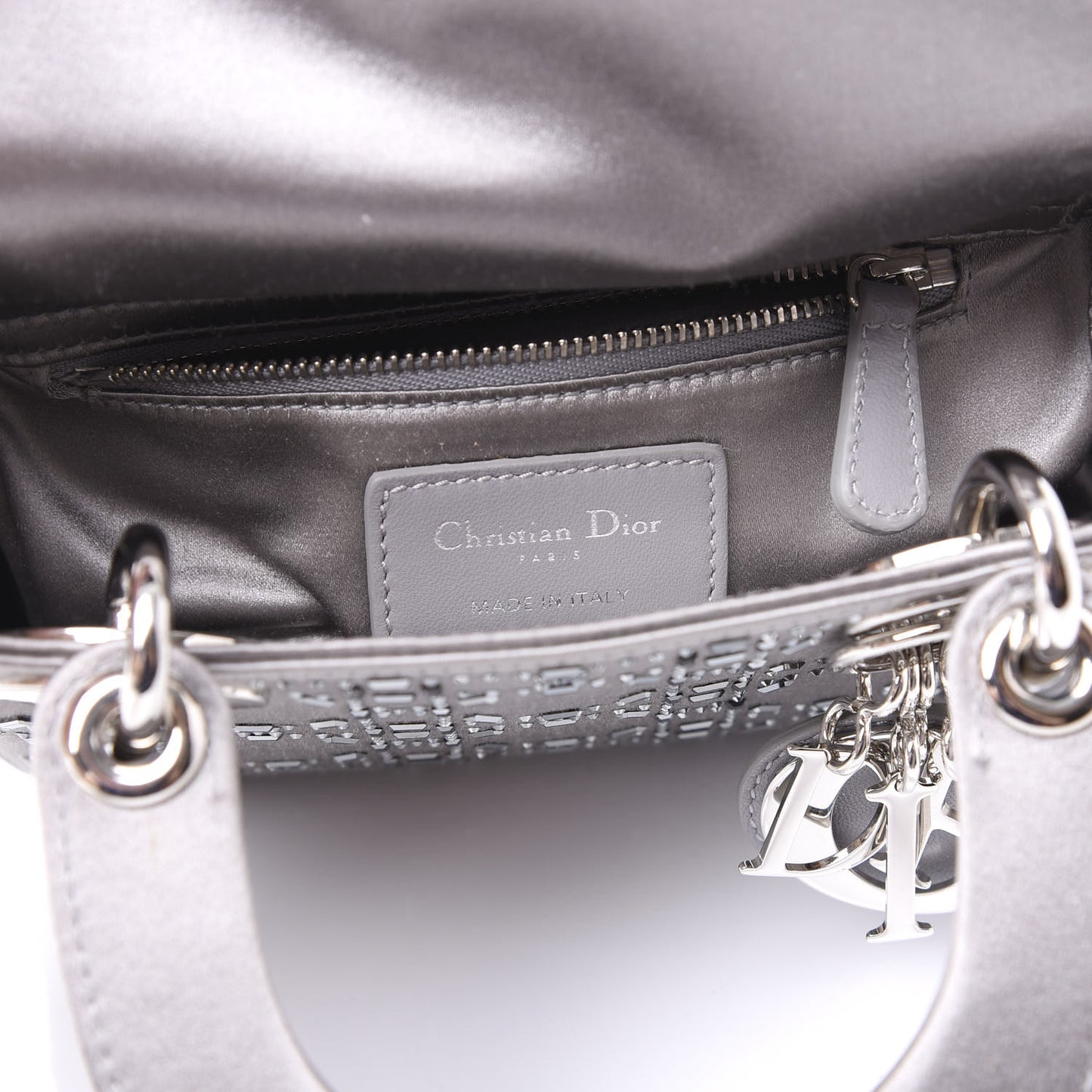 Satin Crystal Cannage Mini Lady Dior Gray
