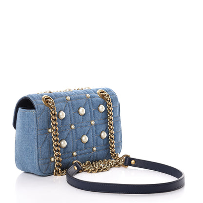 Gucci Denim Matelasse Pearl Studded Mini GG Marmont Shoulder Bag Blue 3 of 10
