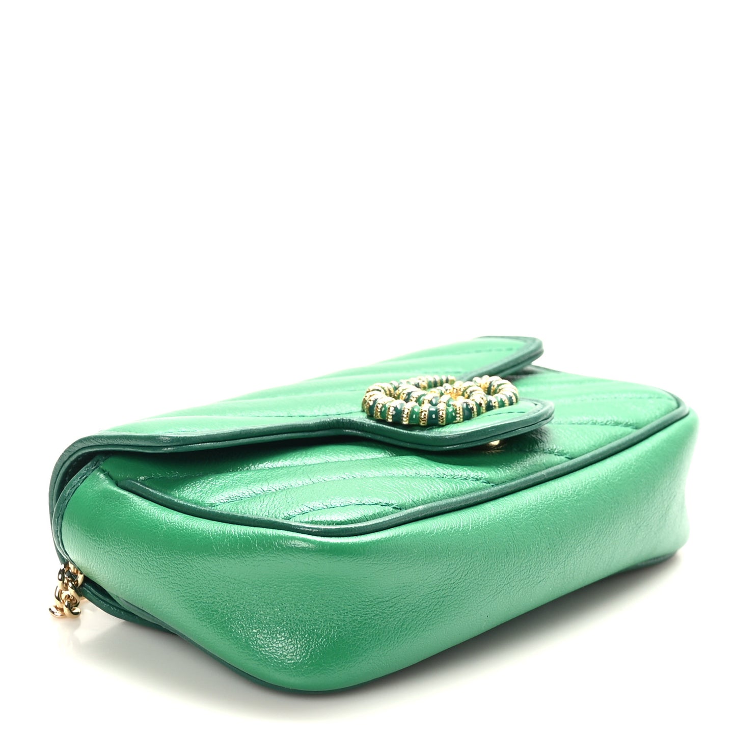 Azalea Calfskin Enamel Matelasse Diagonal Super Mini Torchon GG Marmont Shoulder Bag New Shamarock Emerald