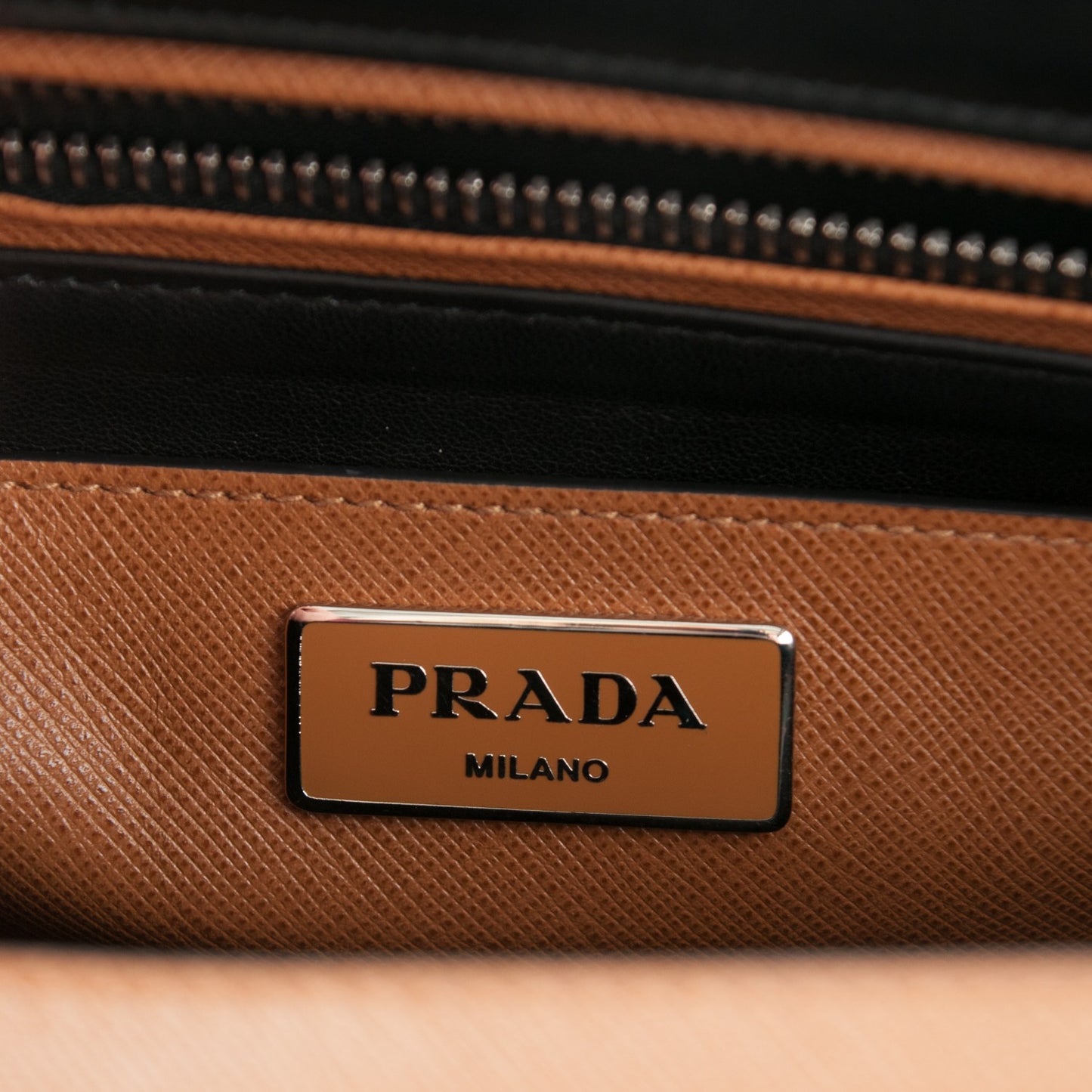 Saffiano Embroidered Pattina Sound Twin Pocket Satchel Caramel