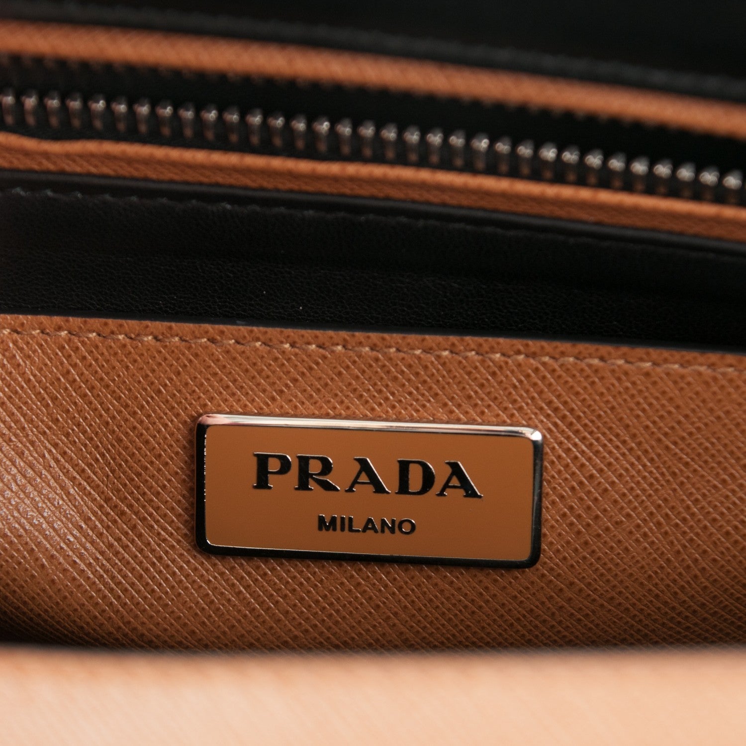 Prada Saffiano Embroidered Pattina Sound Twin Pocket Satchel Caramel 6 of 8