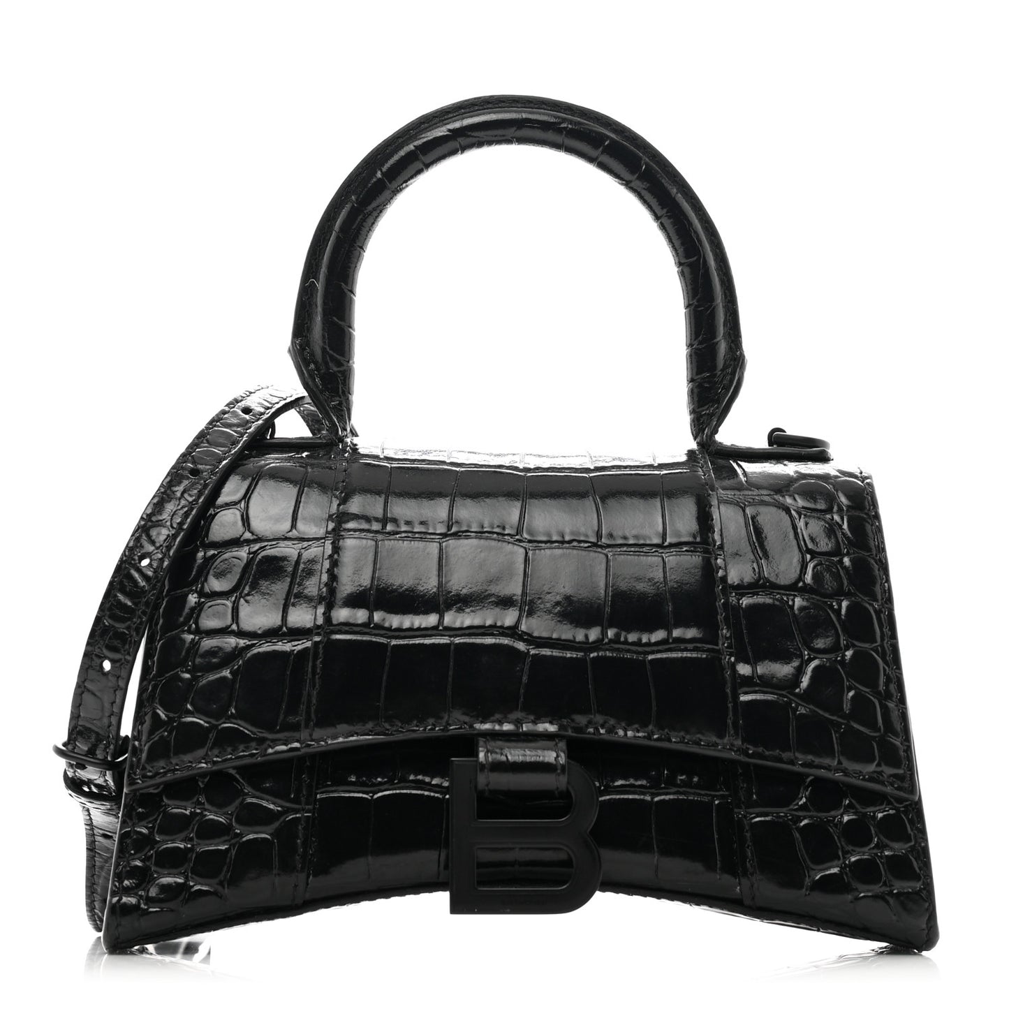 Shiny Calfskin Monochrome Crocodile Embossed Hourglass Top Handle Bag XS Black