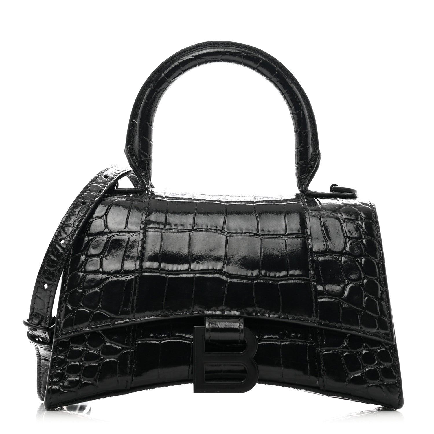 Balenciaga Shiny Calfskin Monochrome Crocodile Embossed Hourglass Top Handle Bag XS Black 1 of 11