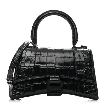 Balenciaga Shiny Calfskin Monochrome Crocodile Embossed Hourglass Top Handle Bag XS Black 1 of 11
