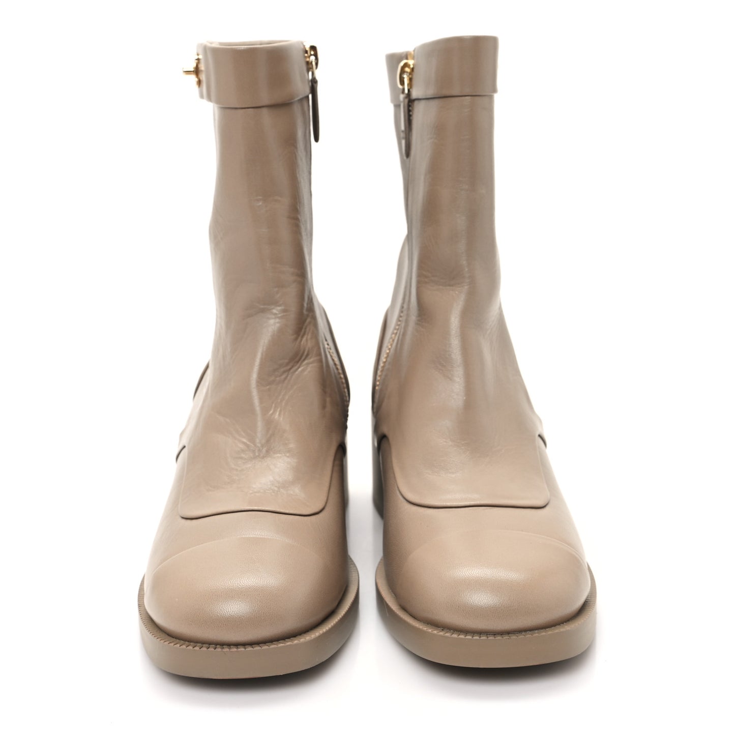 Shiny Goatskin Cap Toe Short Boots 38.5 Beige