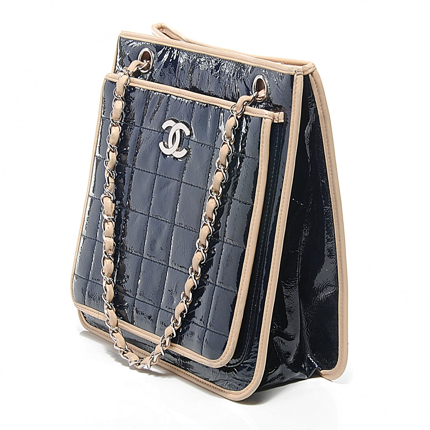 Chanel Patent Chocolate Bar Quilted Tote Navy Beige 6 of 8
