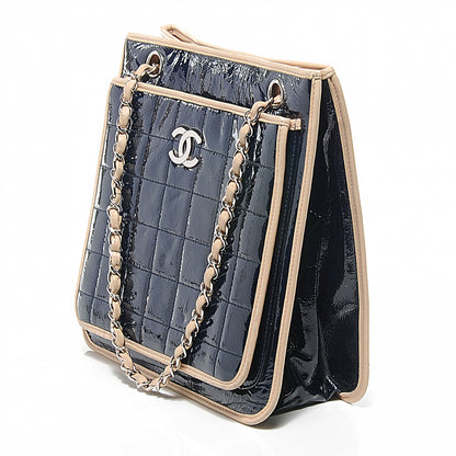 Chanel Patent Chocolate Bar Quilted Tote Navy Beige 6 of 8
