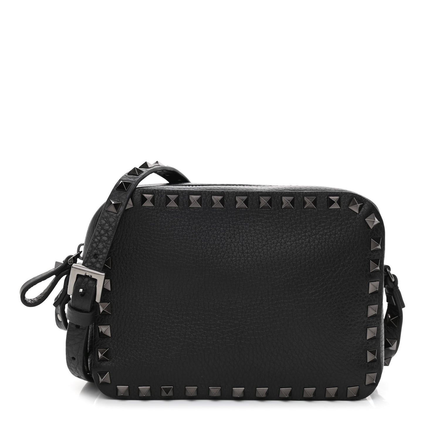 Pebbled Calfskin Rockstud Camera Crossbody Bag Black