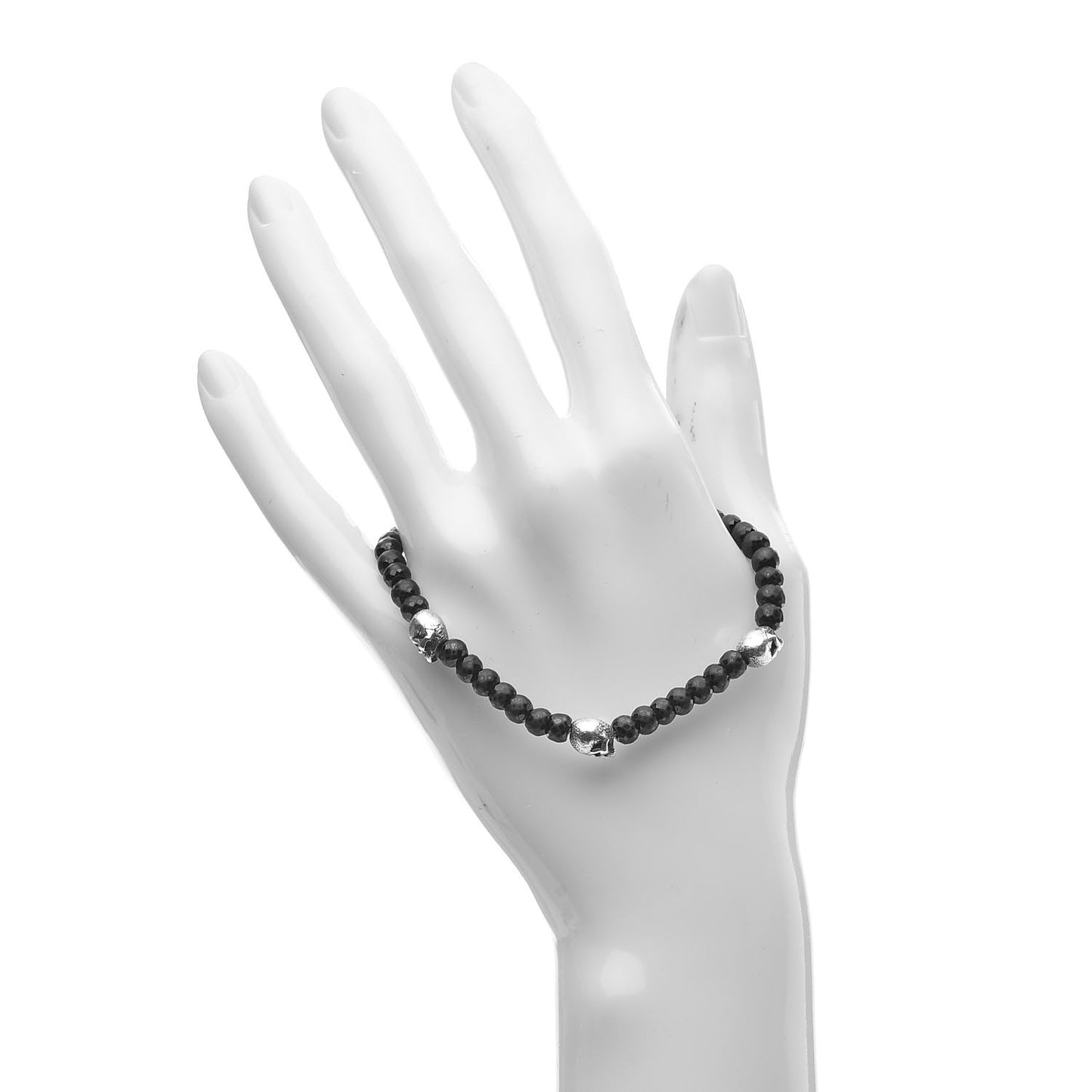 Sterling Silver Black Spinel 5mm Spiritual Beads Skull Station Bracelet M