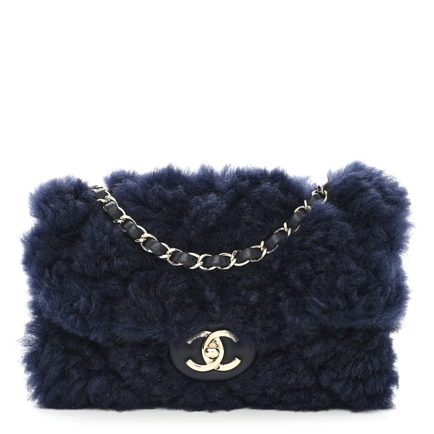 Shearling Lambskin Quilted Flap Navy Blue