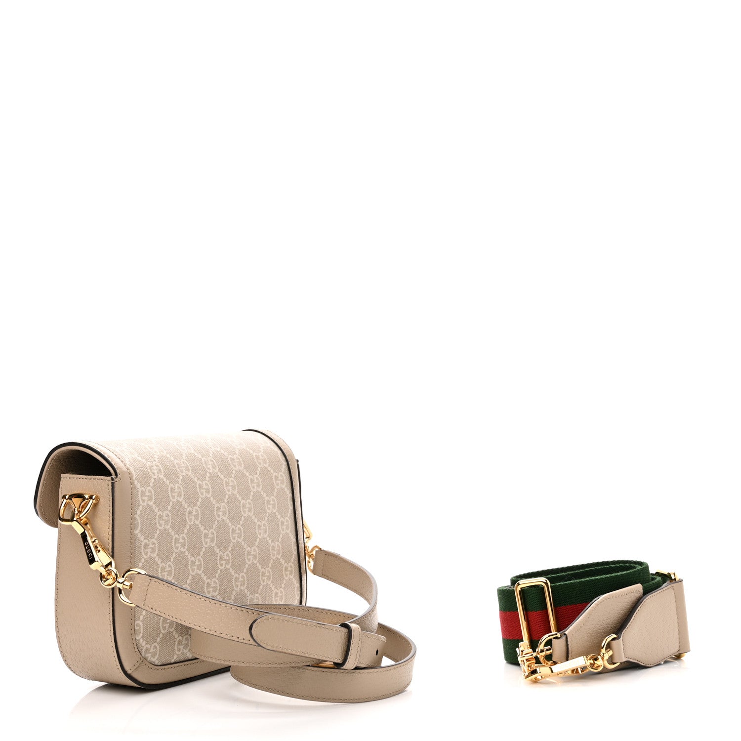 Gucci GG Supreme Monogram Textured Dollar Calfskin Web Mini Horsebit 1955 Shoulder Bag Beige Mystic White Oatmeal 3 of 11