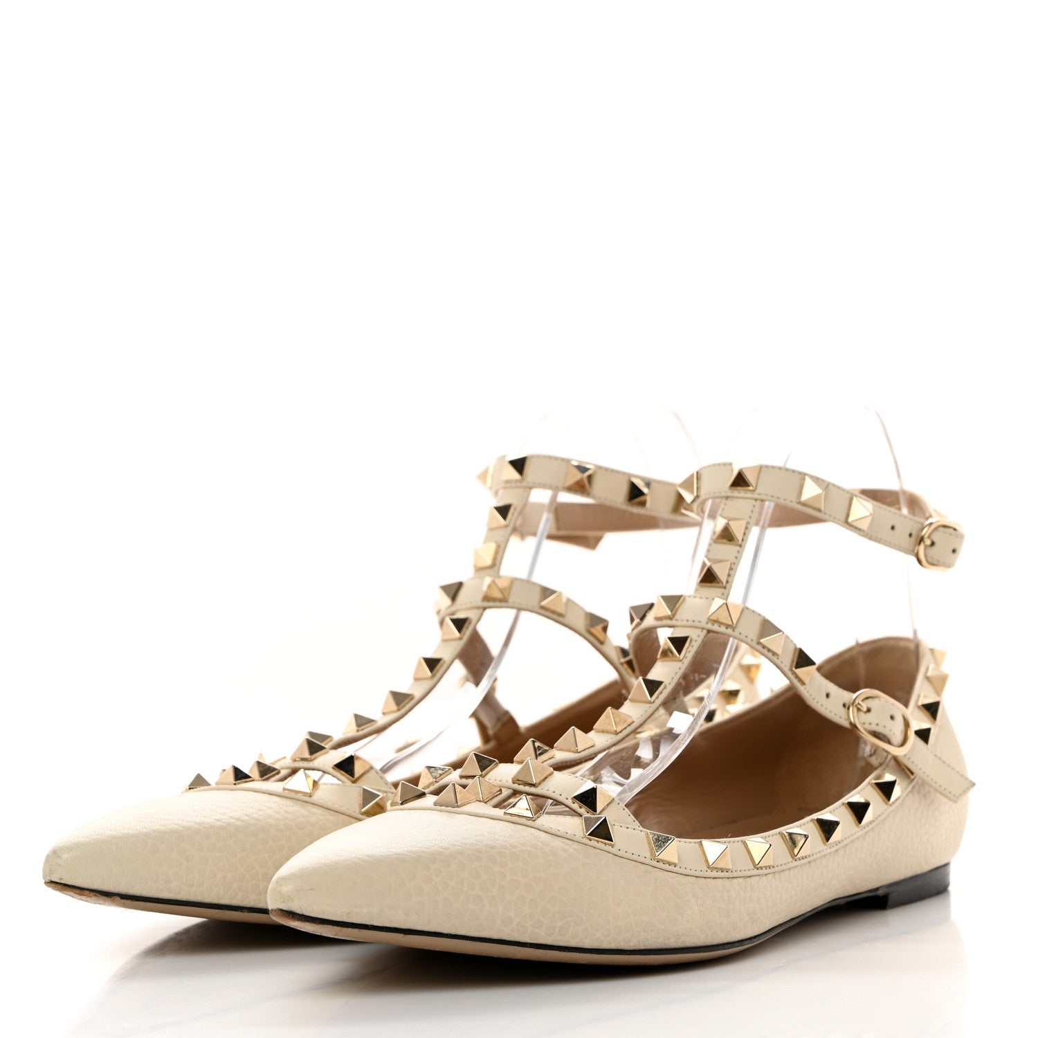Valentino Garavani Pebbled Calfskin Rockstud Cage Ballerina Flats 40.5 Light Ivory 3 of 10
