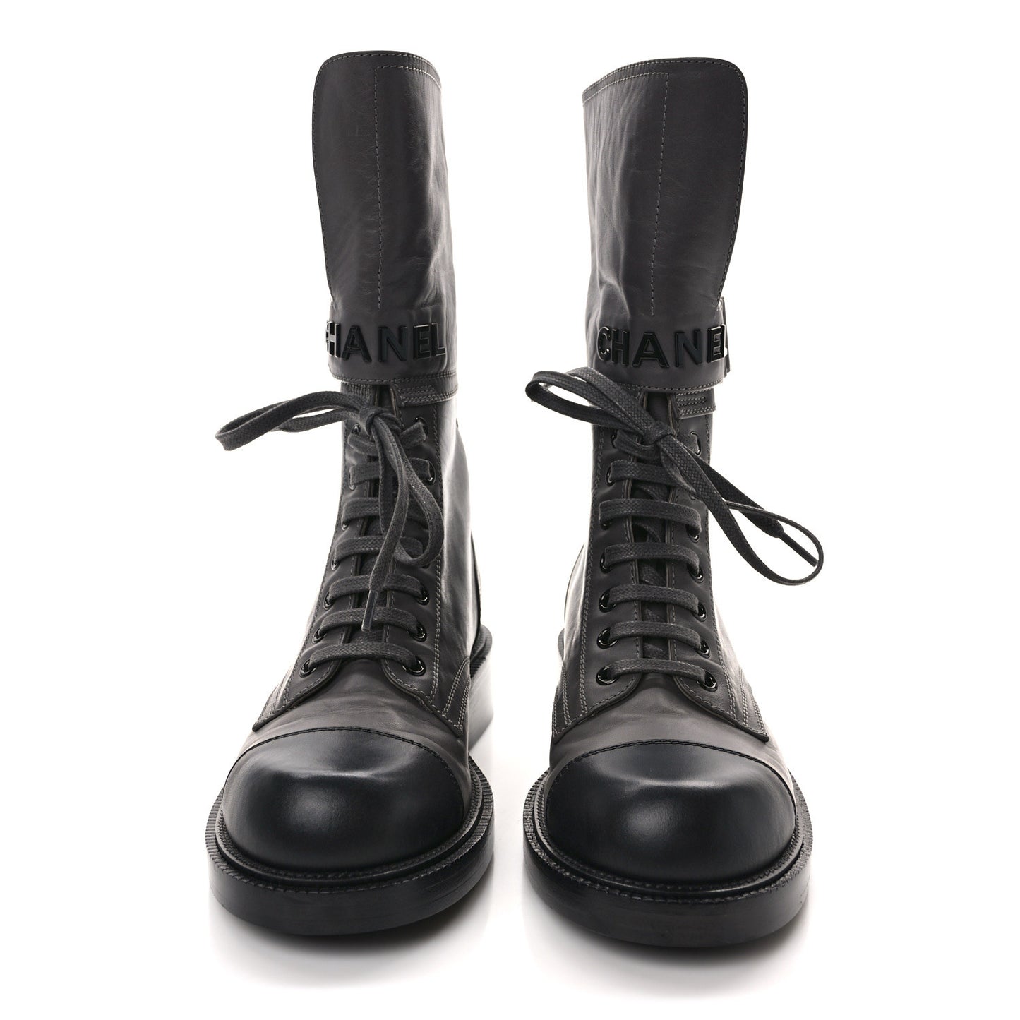 Calfskin Lace Up Logo Mid Calf Combat Boots 36.5 Grey Black