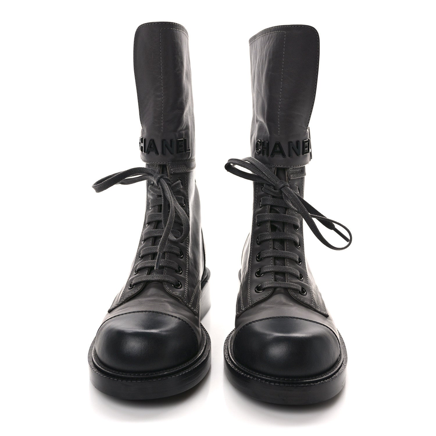 Chanel Calfskin Lace Up Logo Mid Calf Combat Boots 36.5 Grey Black 2 of 8