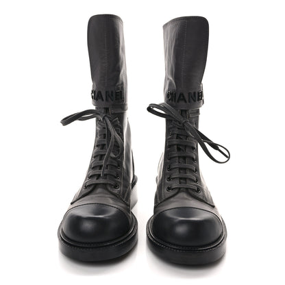 Chanel Calfskin Lace Up Logo Mid Calf Combat Boots 36.5 Grey Black 2 of 8