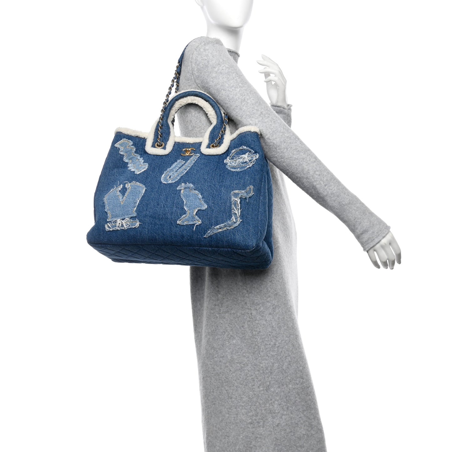 Denim Shearling Hieroglyph Coco Tote Blue