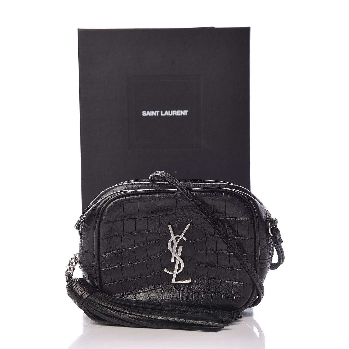 Calfskin Crocodile Embossed Monogram Blogger Bag Black
