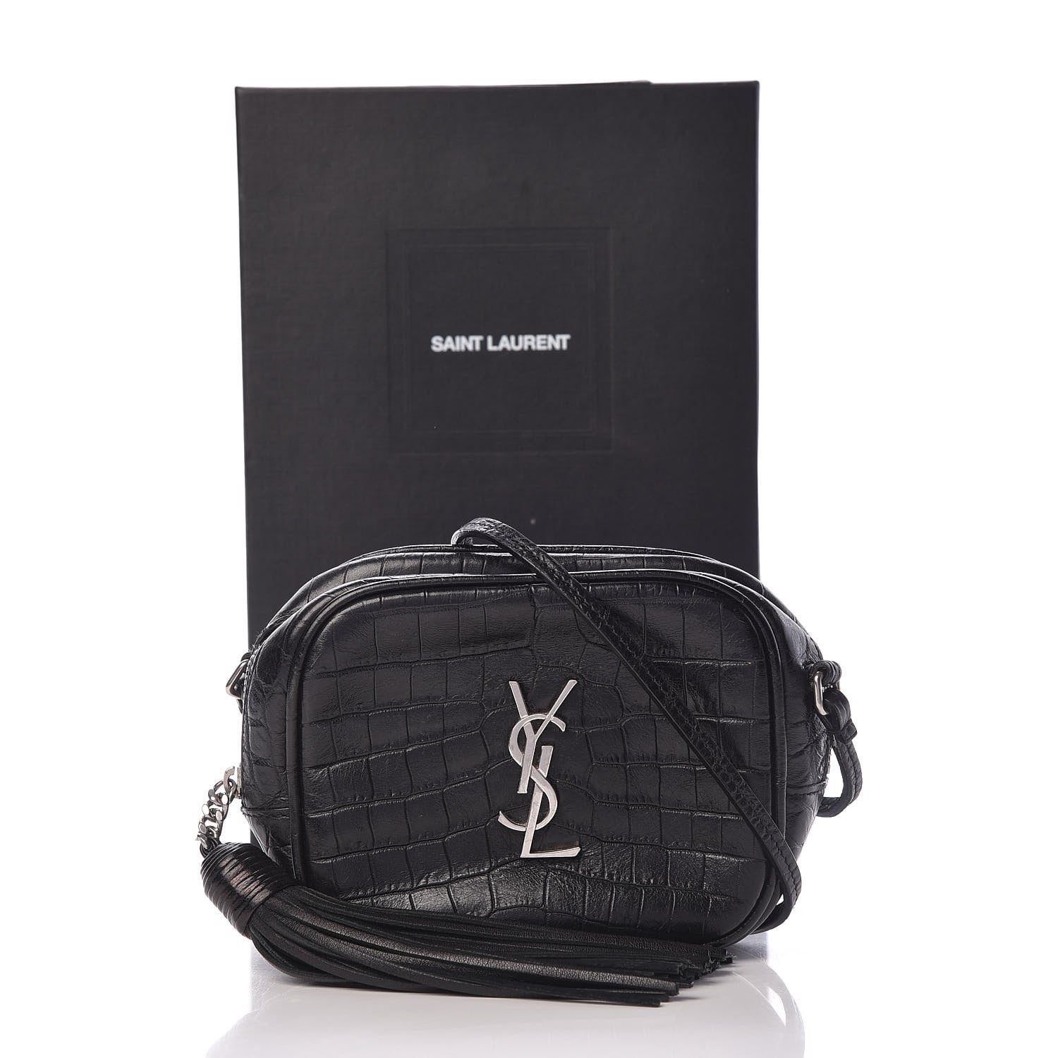 Saint Laurent Calfskin Crocodile Embossed Monogram Blogger Bag Black 11 of 11