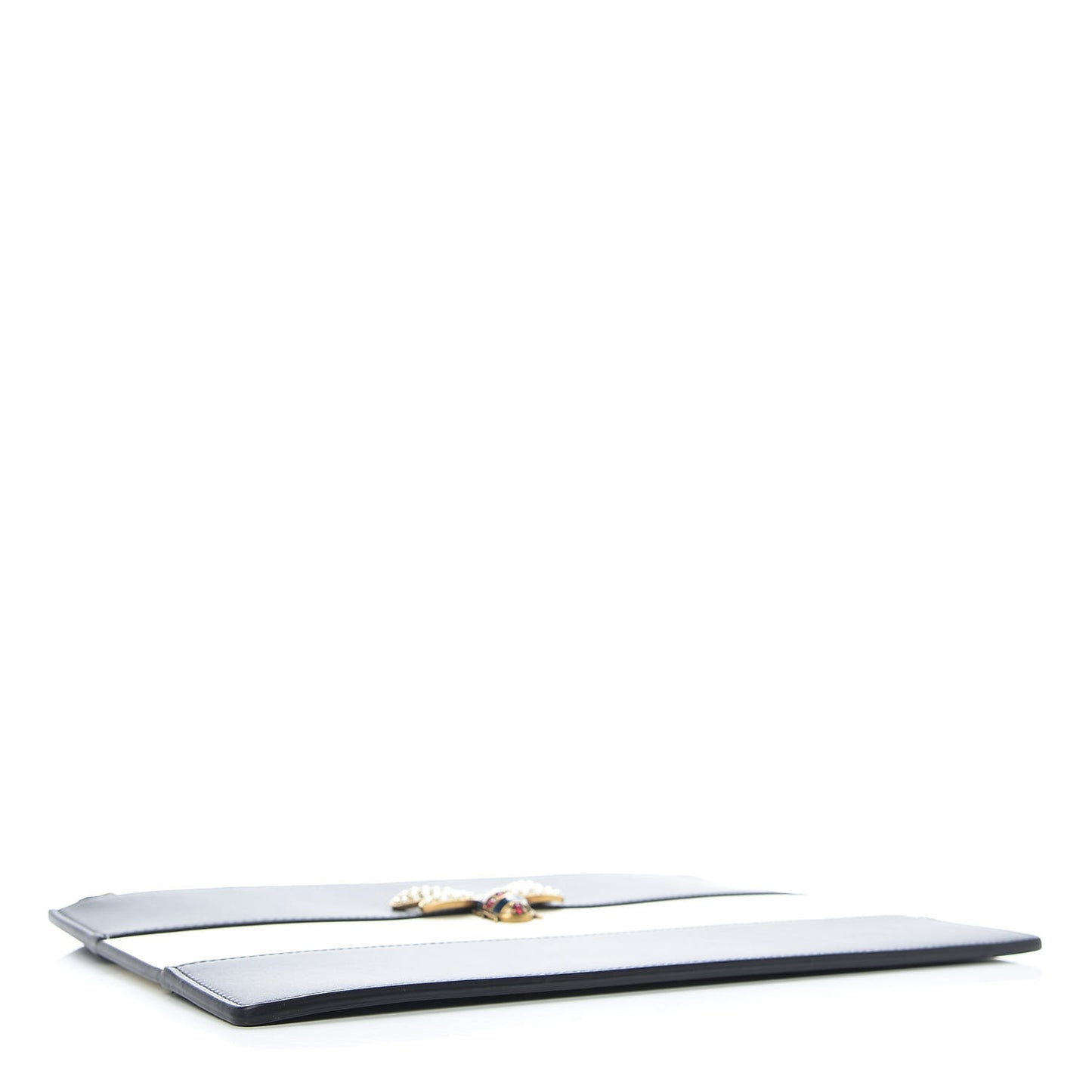 Calfskin Striped Oversized Bee Zip Pouch White Black