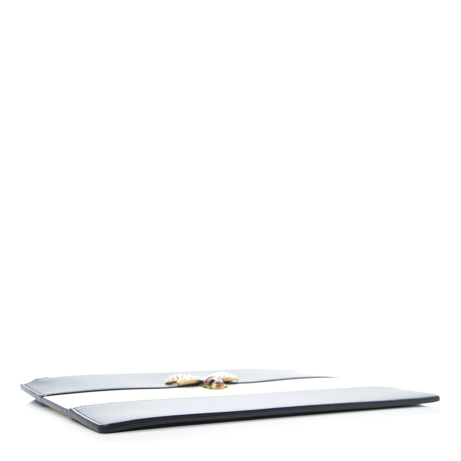 Gucci Calfskin Striped Oversized Bee Zip Pouch White Black 4 of 6