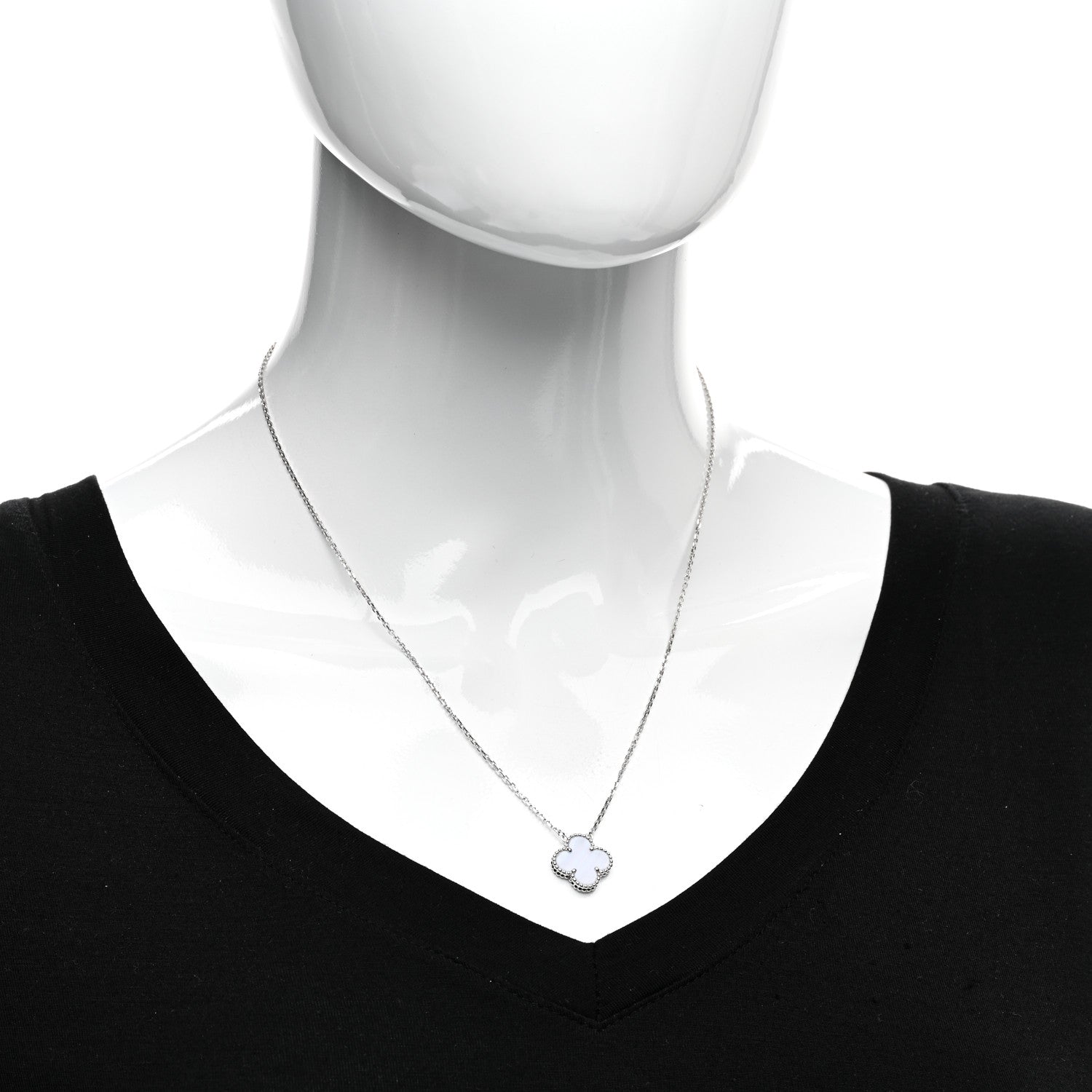 Van Cleef & Arpels 18k White Gold Chalcedony Vintage Alhambra Pendant Necklace 2 of 6