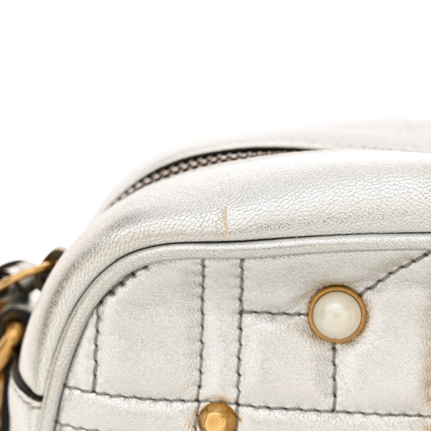 Metallic Calfskin Matelasse Studded Small Pearly GG Marmont Chain Shoulder Bag Silver