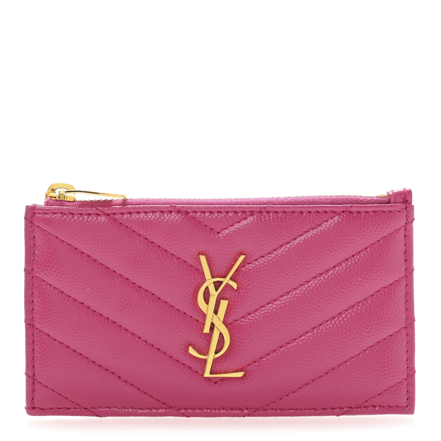 Saint Laurent Grain De Poudre Matelasse Chevron Monogram Fragments Zippered Card Case Fresh Fuxia 1 of 10