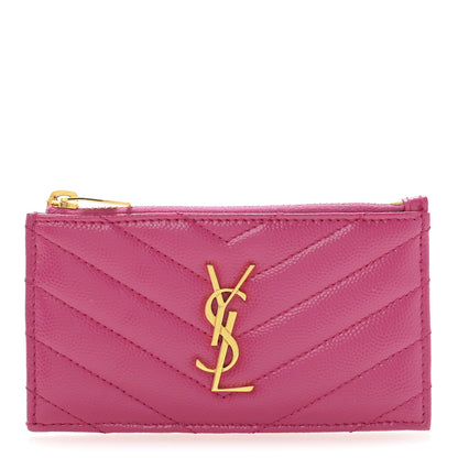 Saint Laurent Grain De Poudre Matelasse Chevron Monogram Fragments Zippered Card Case Fresh Fuxia 1 of 10