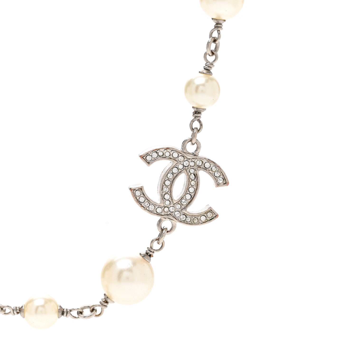 Chanel Graduated Pearl Crystal CC Long Necklace Silver 4 of 5