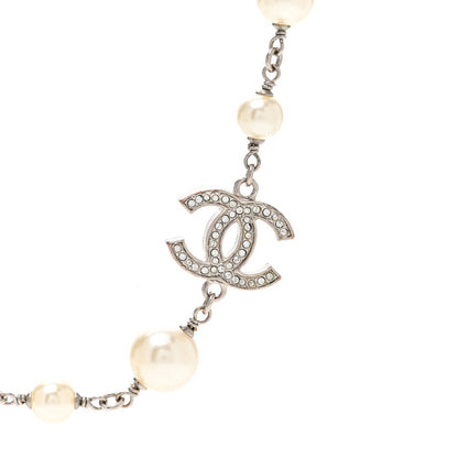 Chanel Graduated Pearl Crystal CC Long Necklace Silver 4 of 5