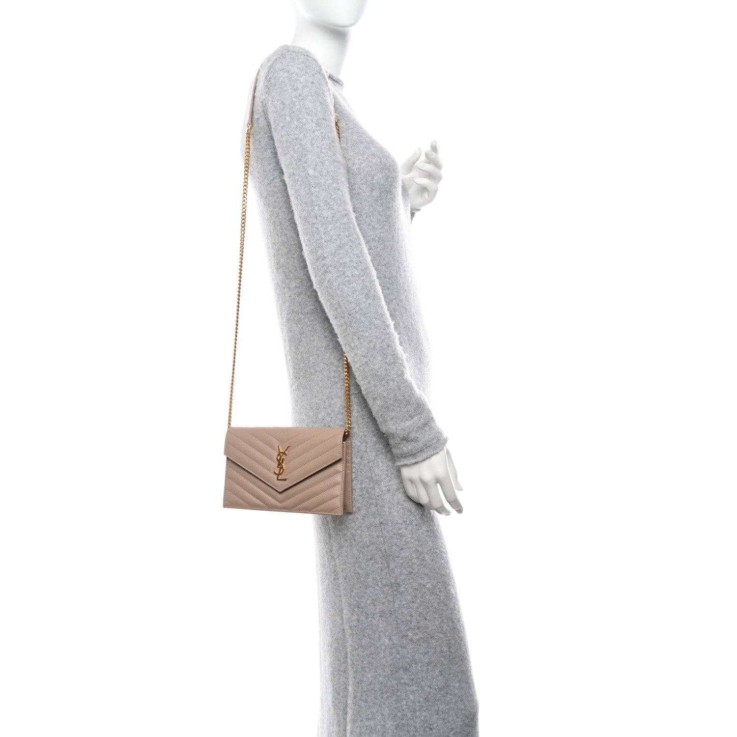Saint Laurent Grain De Poudre Matelasse Chevron Monogram Envelope Chain Wallet Dark Beige 2 of 10
