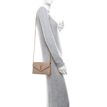 Saint Laurent Grain De Poudre Matelasse Chevron Monogram Envelope Chain Wallet Dark Beige 2 of 10