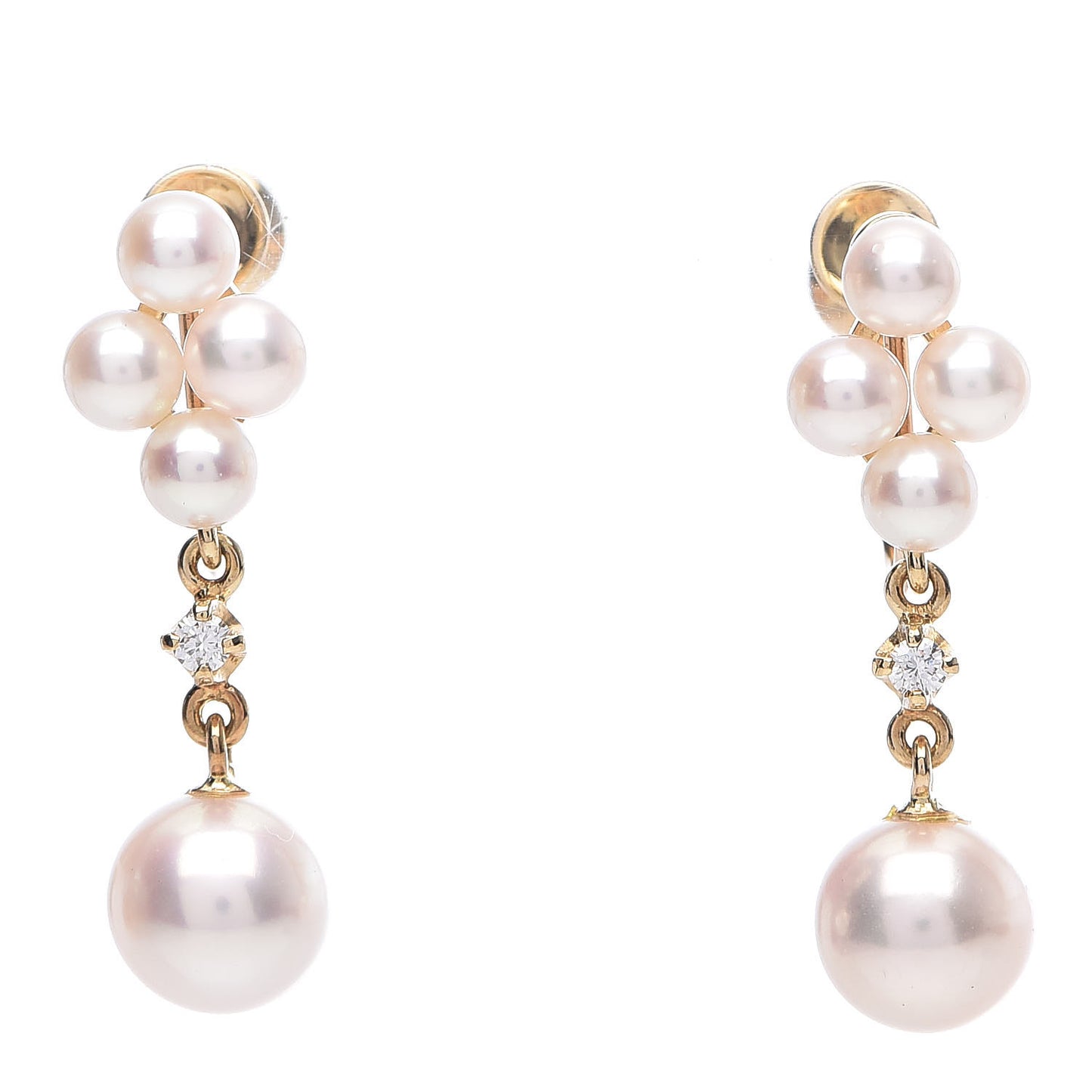 18K Yellow Gold Diamond Akoya Pearl 3.5-6.5mm Drop Screw Back Earrings