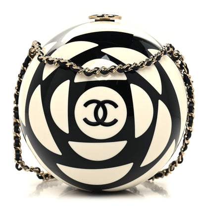 Chanel Resin Plexi CC Round Camellia Minaudiere Clutch Black White 1 of 12