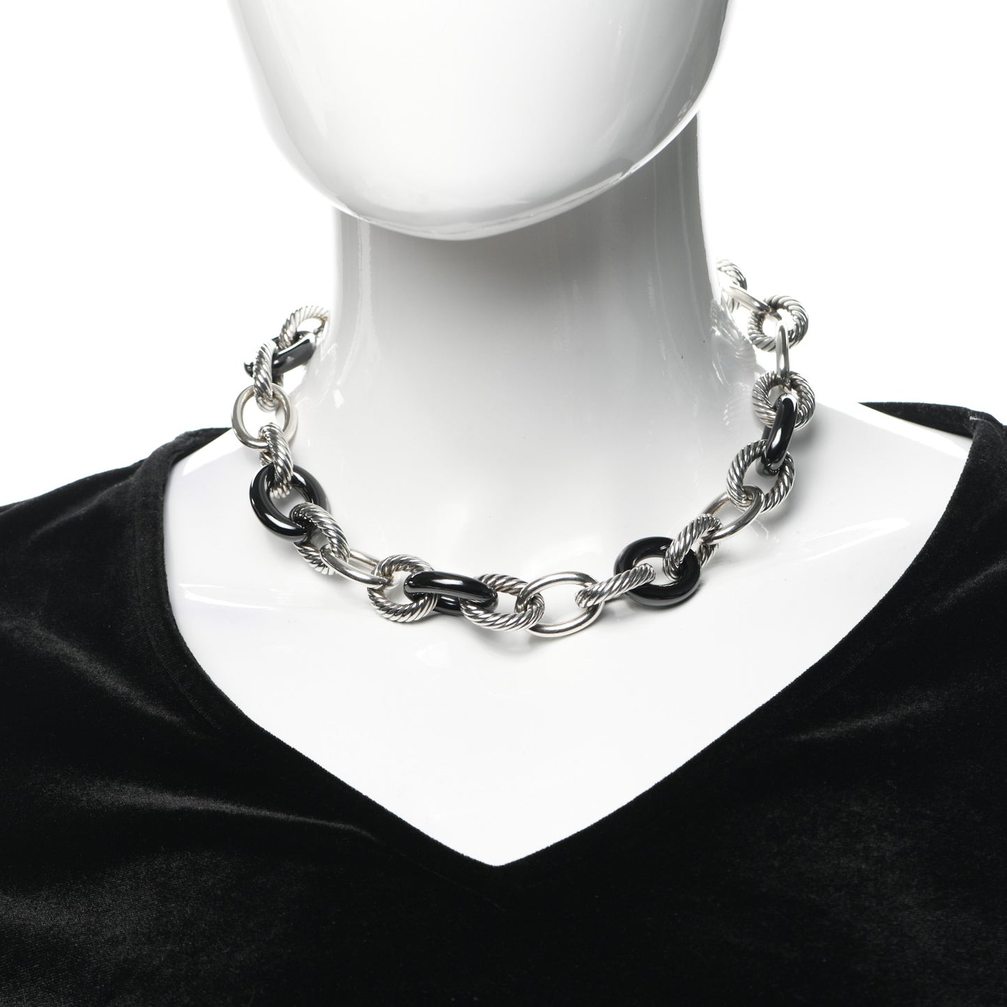 Sterling Silver Black Ceramic 18mm Large Oval Link Necklace Black