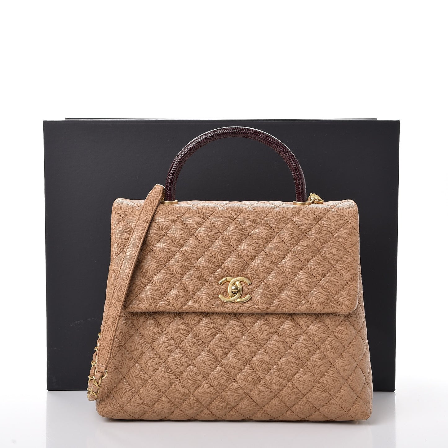 Caviar Lizard Quilted Large Coco Handle Flap Beige